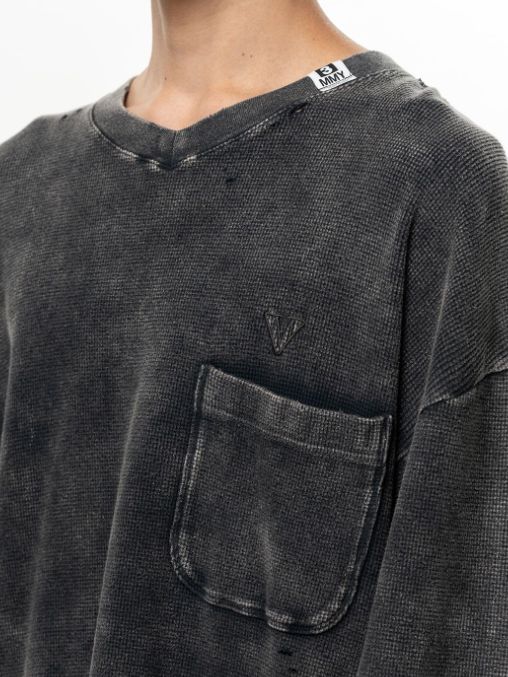 ブリーチド ワッフル ロング スリーブ Tシャツ - Bleached Waffle Long Sleeve T-Shirt (BLACK)