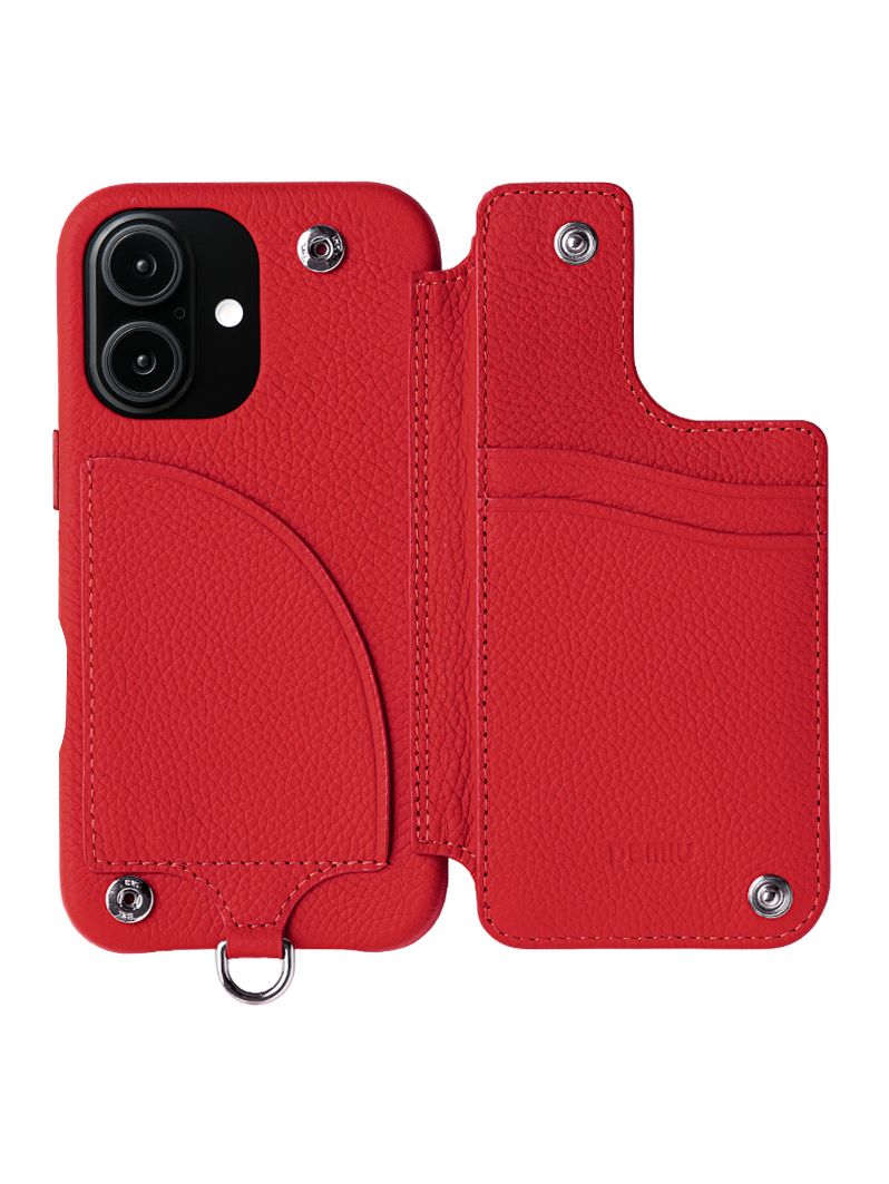 【BALLON バロン】 手帳型 レザーケース / iPhone 14～17対応  (ルビー レッド）