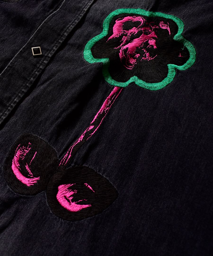 ハッピデニムシャツ - HIPPIE DENIM SHIRT - DISTRESSED DENIM - EMBROIDERY BLACK