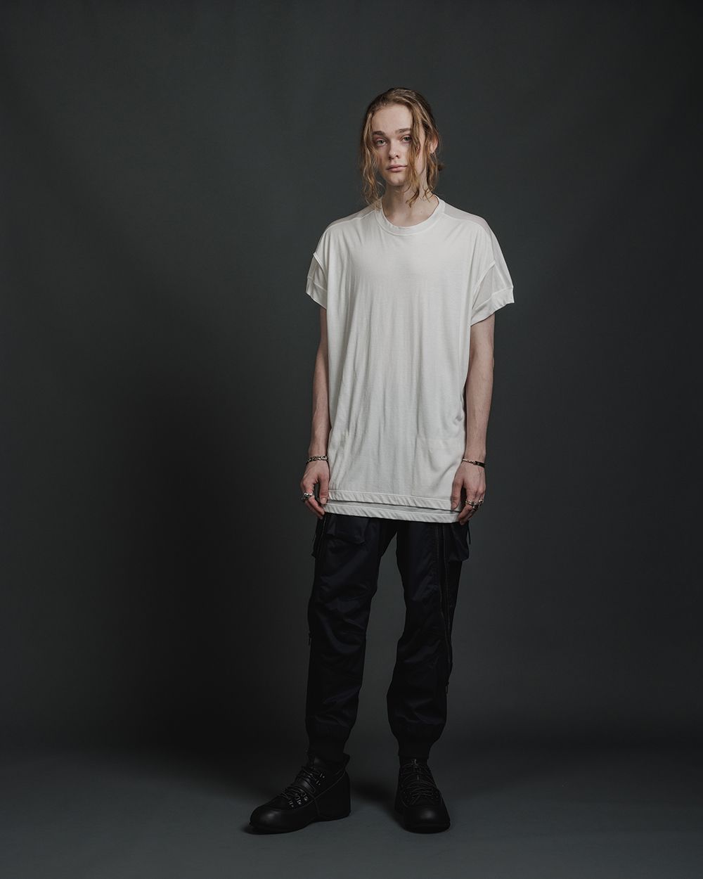 綿シルク 天竺 ショート スリーブ レイヤード ティーシャツ - double layerd short-sleeve t - OFF WHITE