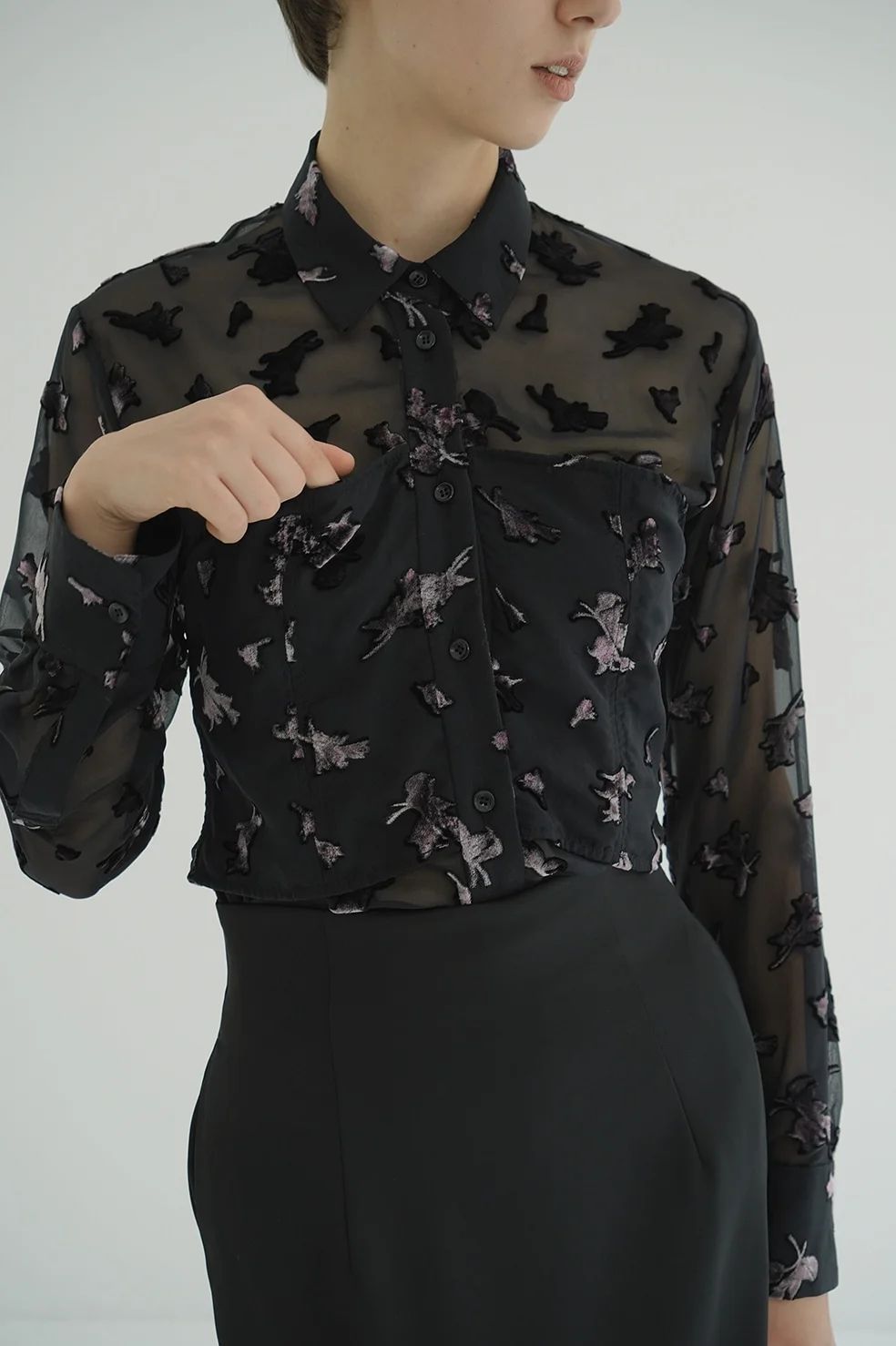 オパールプリント ビスチェ付きシャツ -  FLOWER OPAL BUSTIER SHIRTS BLACK