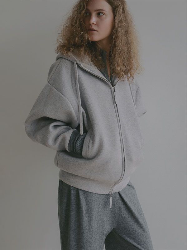 ダブルフェイスオーバーサイズニットパーカー (LIGHT GREY)