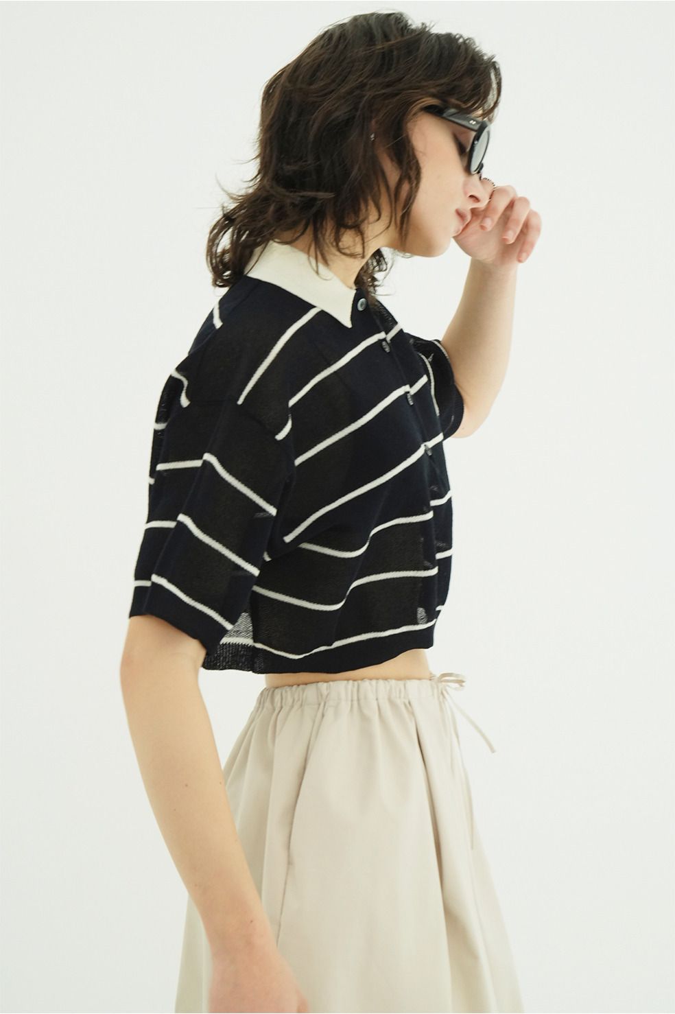 ボーダーポロトップス - SPONGY SHEER POLO KNIT TOPS (NAVY)