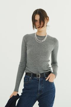 シアーリブニットカットソー | SHEER RIB KNIT TOPS (GREY)