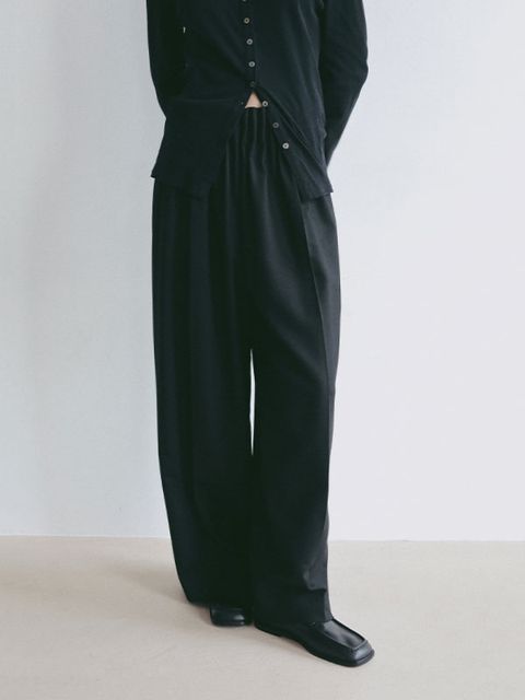 ダブルフェイスデザインウエストワイドパンツ (BLACK)