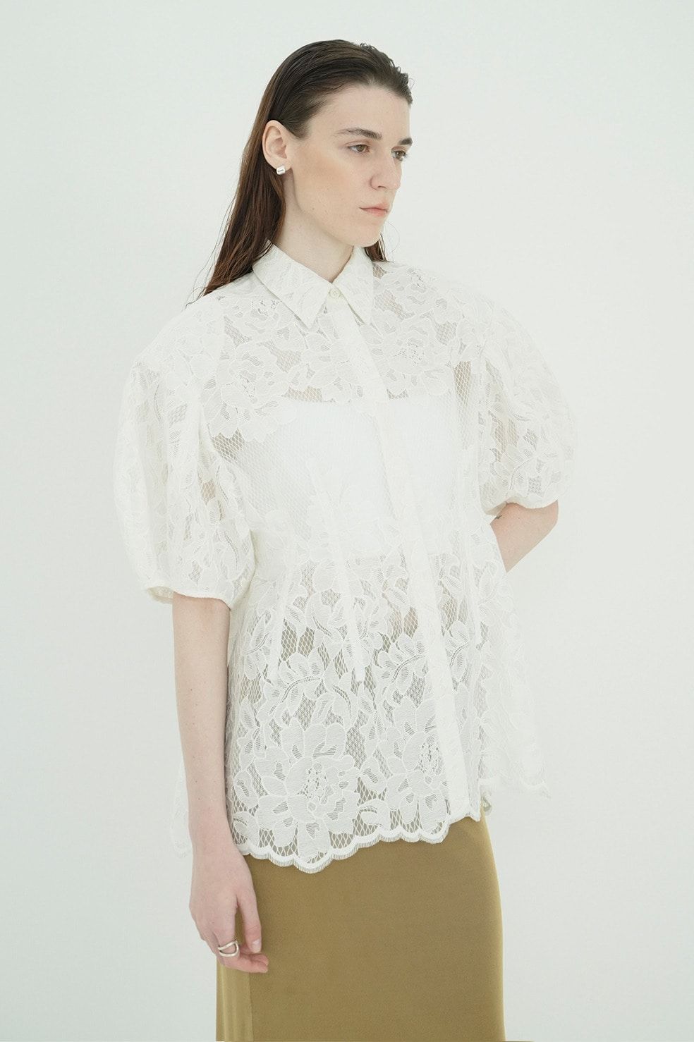 フラワーレーストップス -  FLOWER LACE WAIST SHAPE TOPS (WHITE)