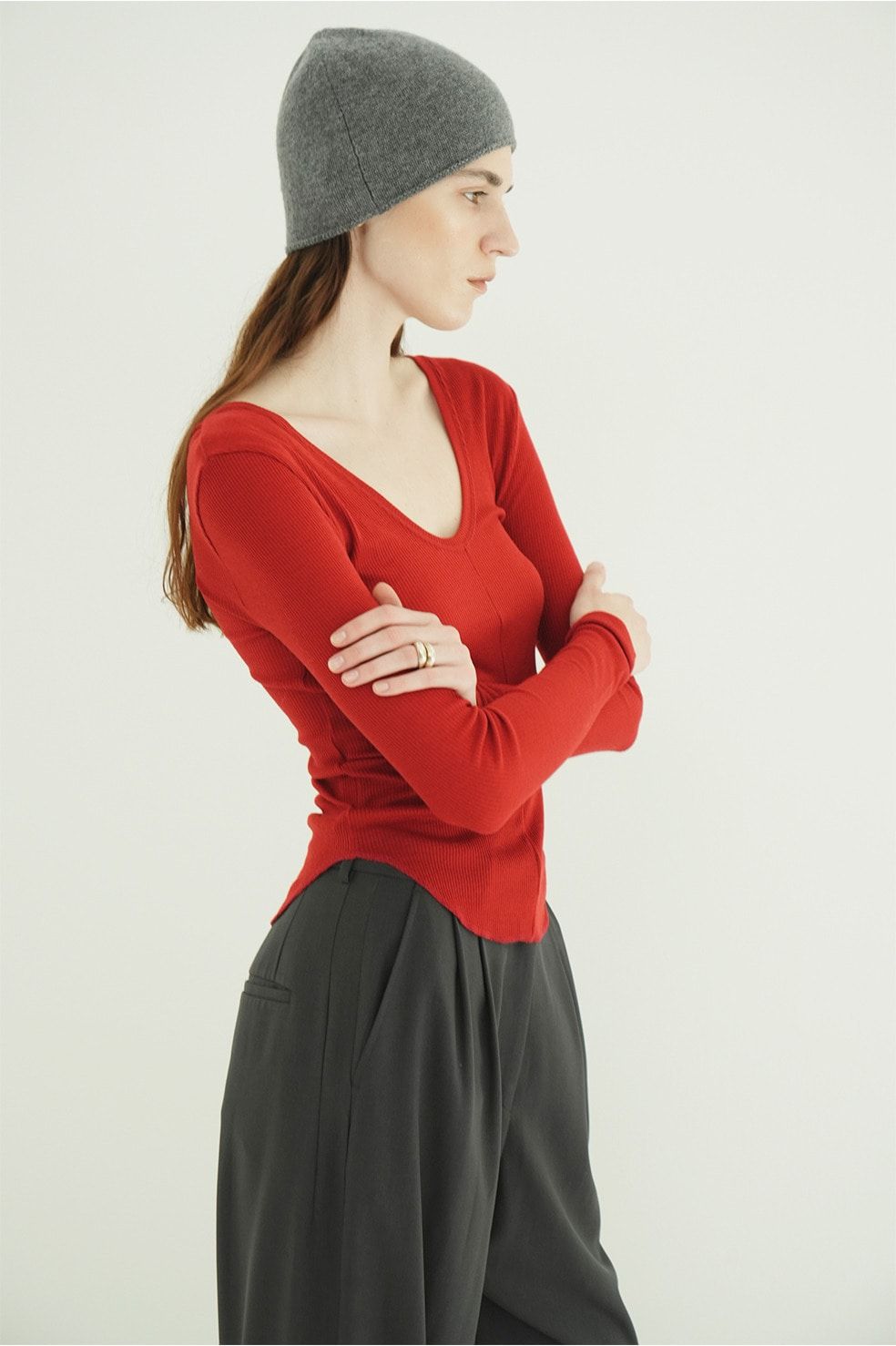 ウールリブカットソー - W FACE WOOL RIB TOPS（RED）
