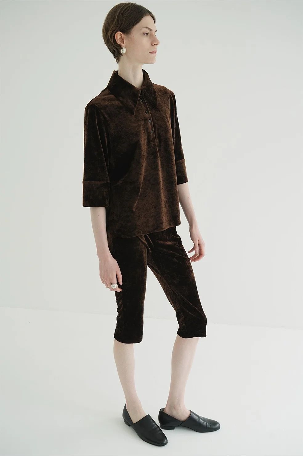 ベロア ポロトップス - CRUSHED VELOUR POLO TOPS BROWN