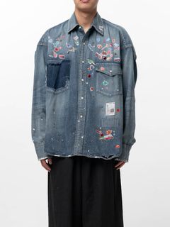キッズ ステッカー プリント デニム シャツ | Kids Sticker Printed Denim Shirt - INDIGO