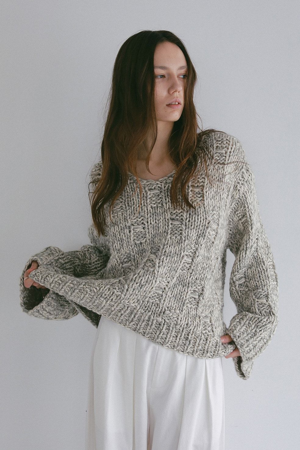 バルキーヤーンハンドニットトップス -  BULKY YARN HAND KNIT TOPS(GREY MIX)