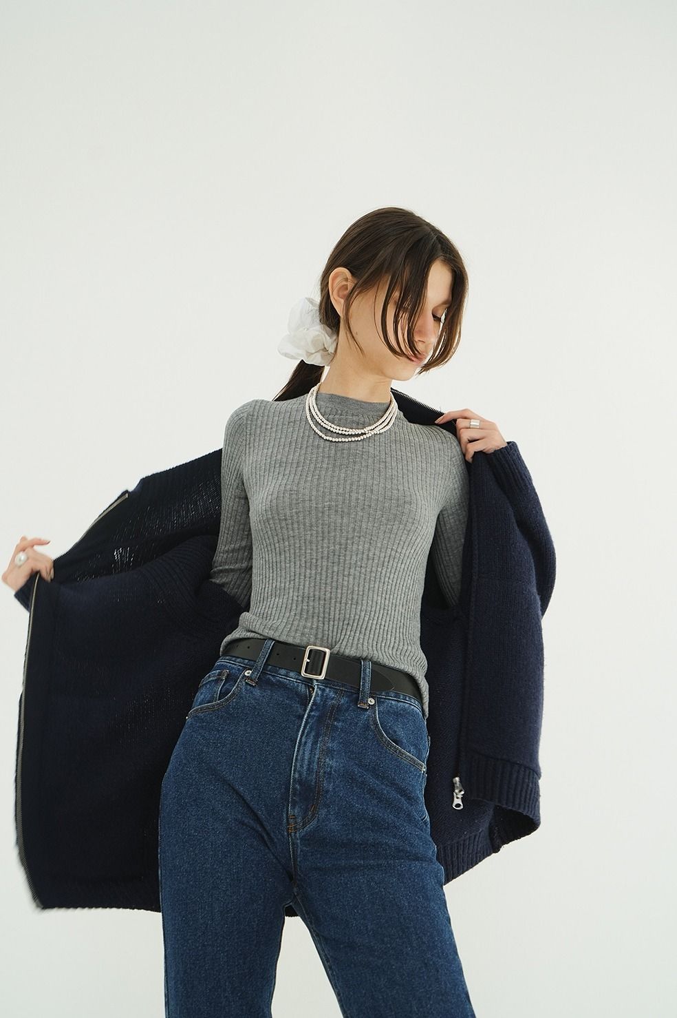シアーリブニットカットソー | SHEER RIB KNIT TOPS (GREY)