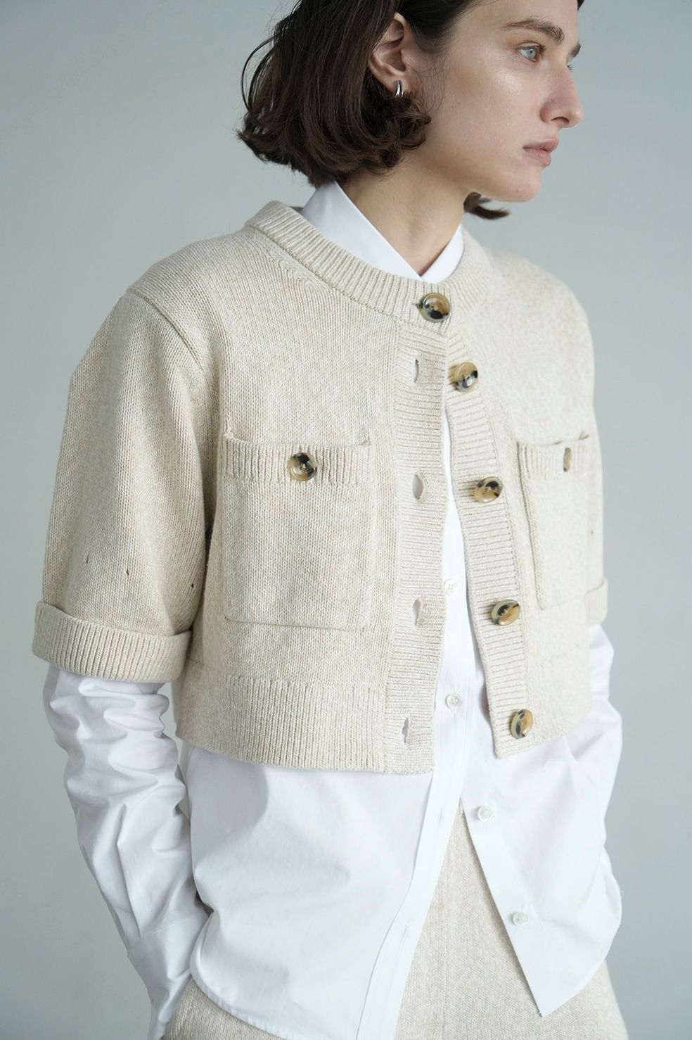 カーディガン - ニットパンツセット / HALF SLEEVE KNIT TOPS & PANTS SET -IVORY