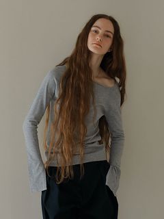 アシンメトリーネックニットプルオーバー - GREY