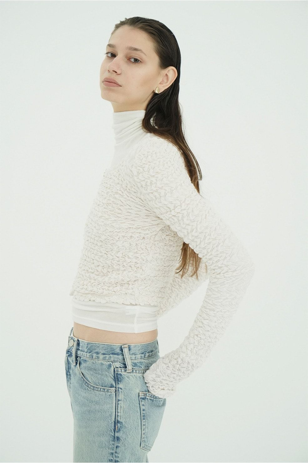 ダブルフェイス シャーリング カーディガン  - W FACE SOFT SHIRRING CARDIGAN (WHITE)