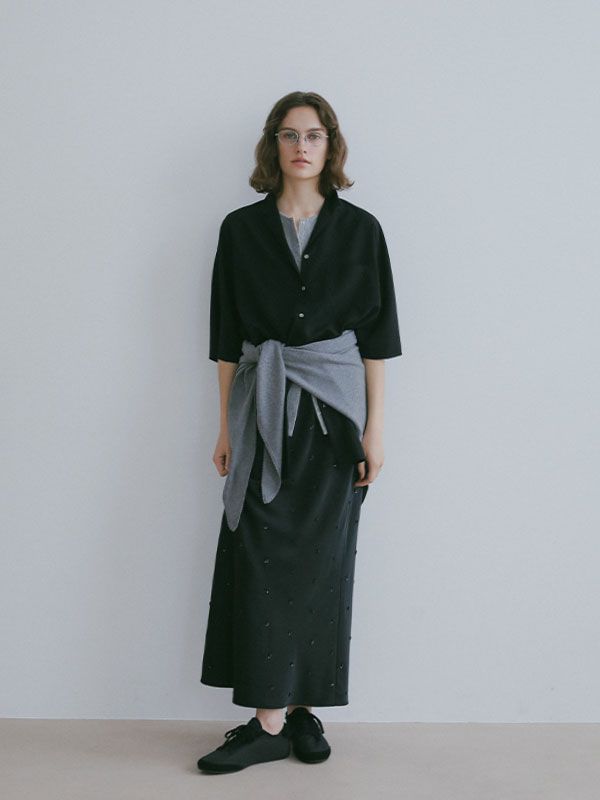 オープンネックハーフスリーブシャツ (BLACK)