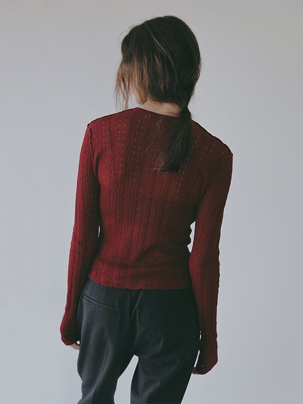 パターンスティッチシアーニットカーディガン （ BURGUNDY)