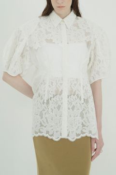 フラワーレーストップス -  FLOWER LACE WAIST SHAPE TOPS (WHITE)
