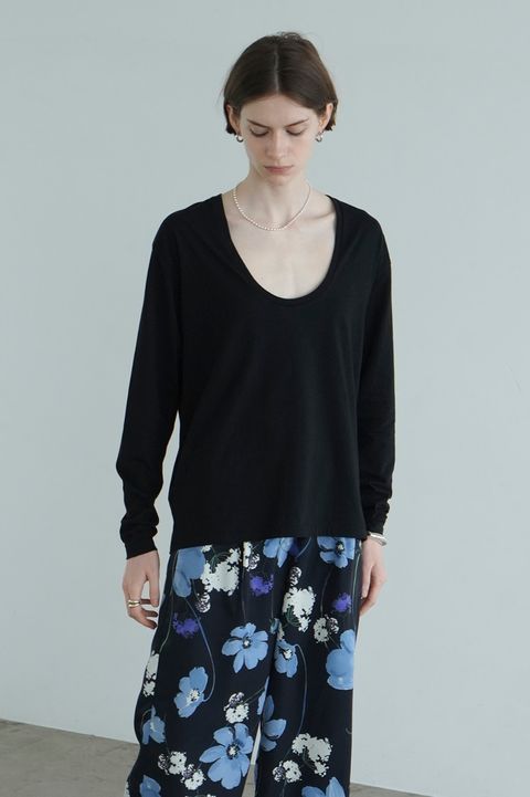 Uネックロングスリーブカットソー -  DEEP U NECK TOPS - BLACK