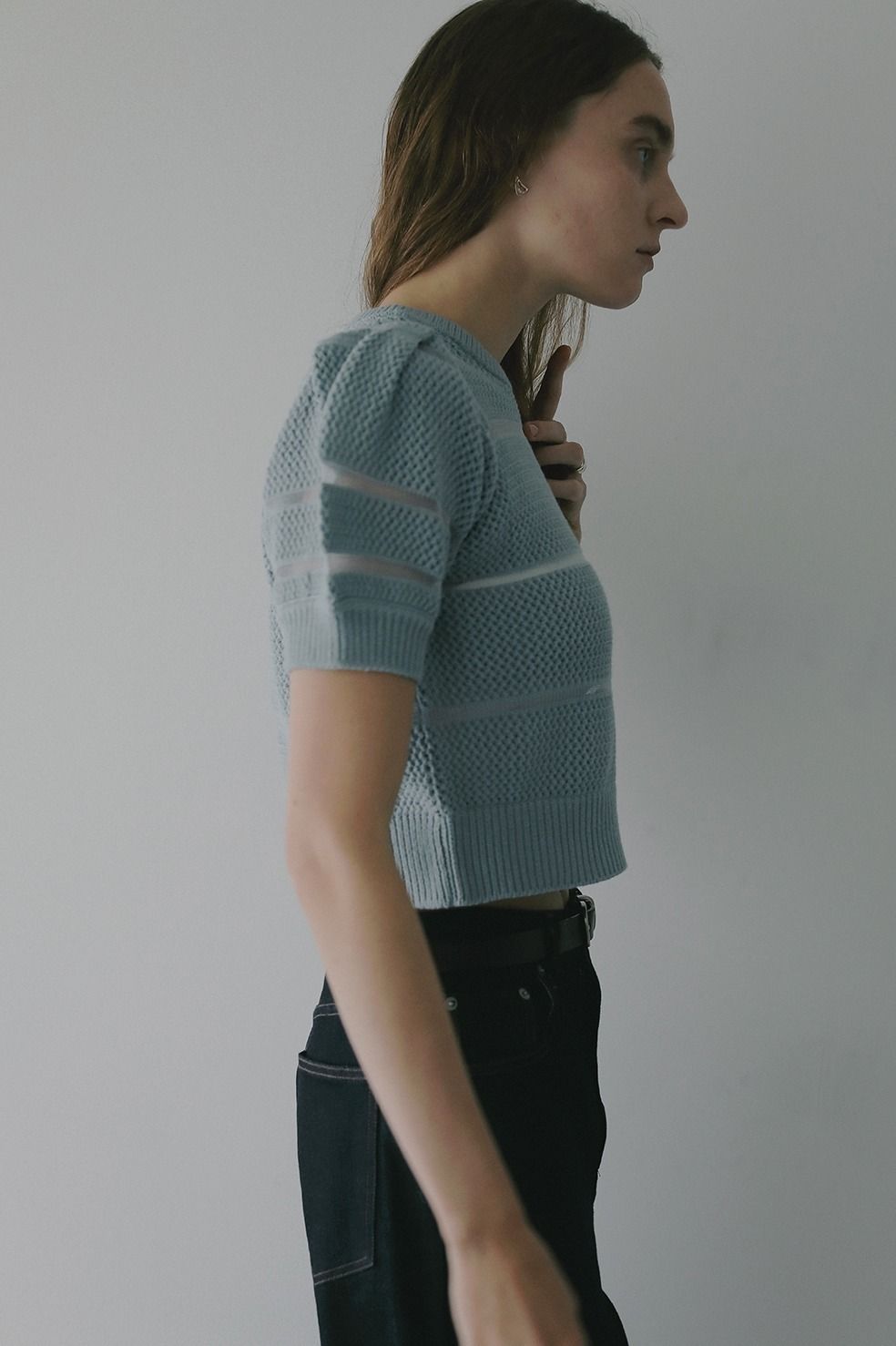 ショート丈ニットトップス - OPENWORK KNIT SHORT TOPS (BLUE)