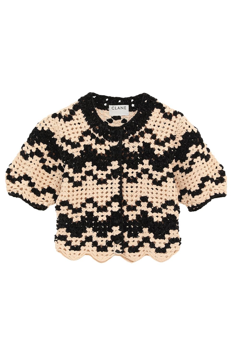 半袖ニットカーディガン - MALL BORDER HAND CROCHET KNIT CARDIGAN (black)