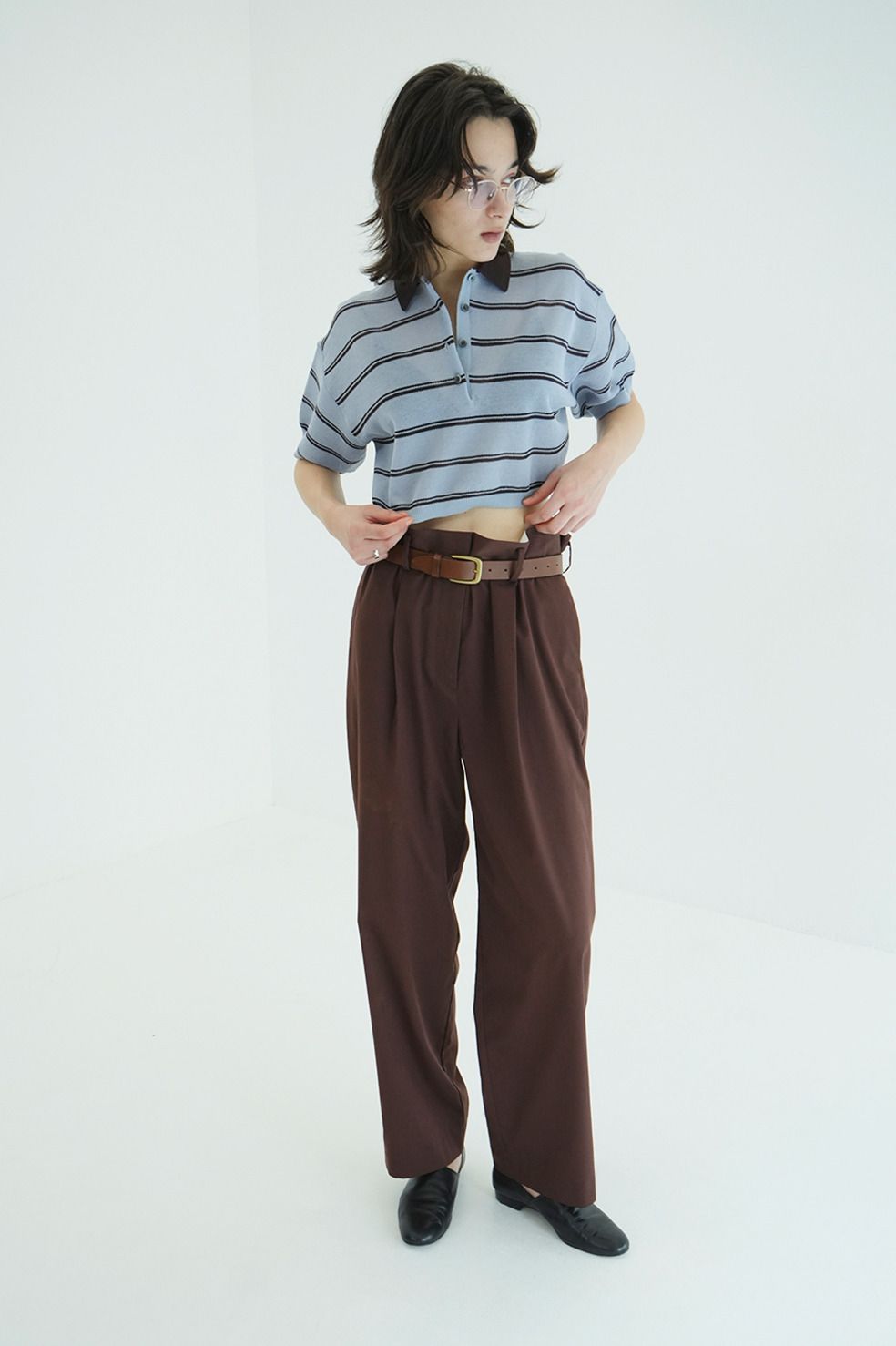 ボーダーポロトップス - SPONGY SHEER POLO KNIT TOPS (BLUE)