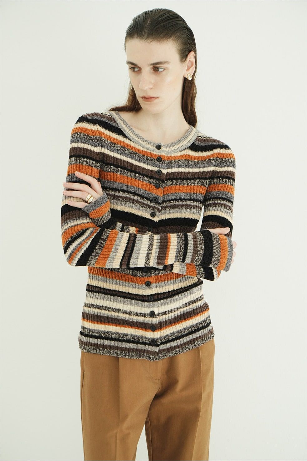 マルチボーダーニットカーディガン - MULTI BORDER BUTTON DETAIL KNIT CARDIGAN (ORANGE)