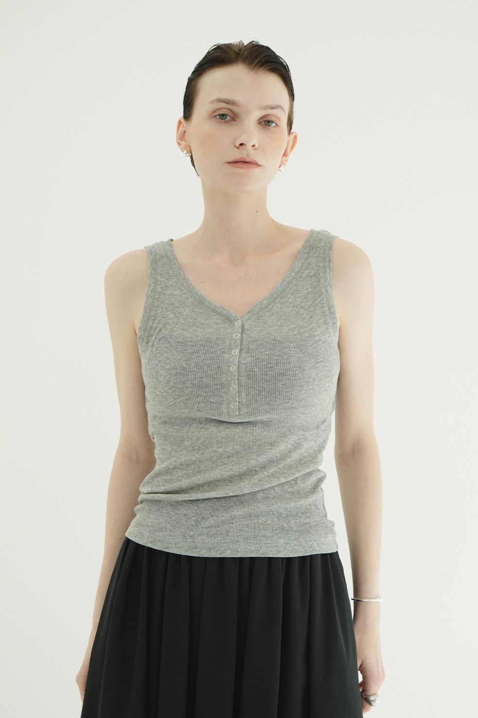 タンクトップ+カーディガン - CURVED NECK LAYERED SET TOPS （BLACK）
