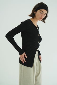 ダブルフェイスニットトップス - W FACE GOLD BUTTON KNIT TOPS (BLACK)