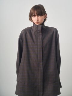 スタンドネックチェックコート - BROWN