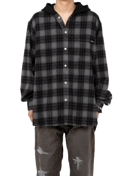 ディストレスト チェックシャツ フーディー - Distressed Check Shirts Hoodie BLACK
