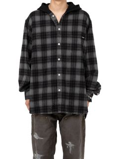 ディストレスト チェックシャツ フーディー - Distressed Check Shirts Hoodie BLACK