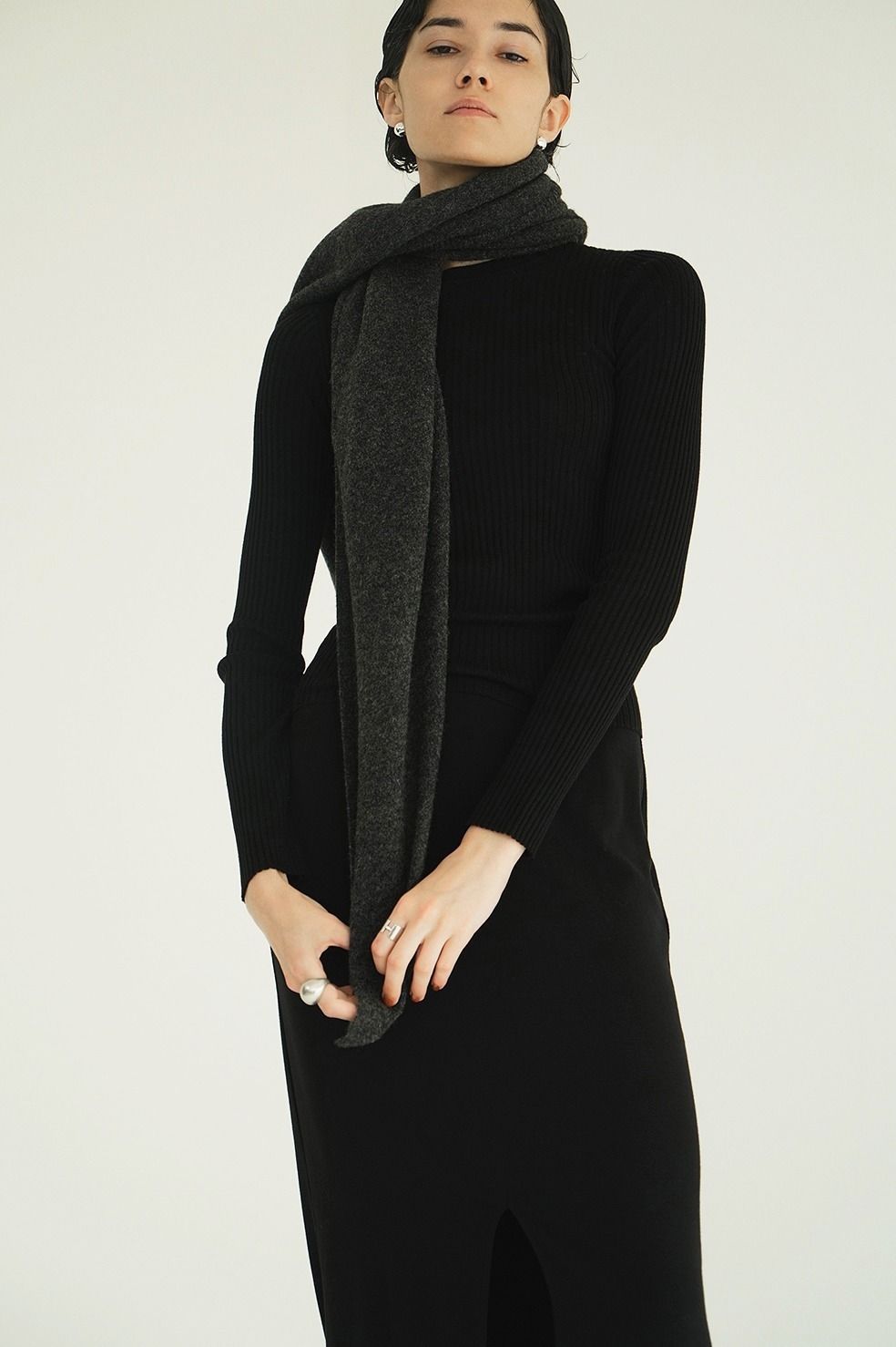 シアーリブニットカットソー | SHEER RIB KNIT TOPS (BLACK)