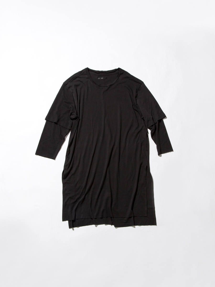 《残り一点》スムース レイヤード七分袖カットソー - BLACK