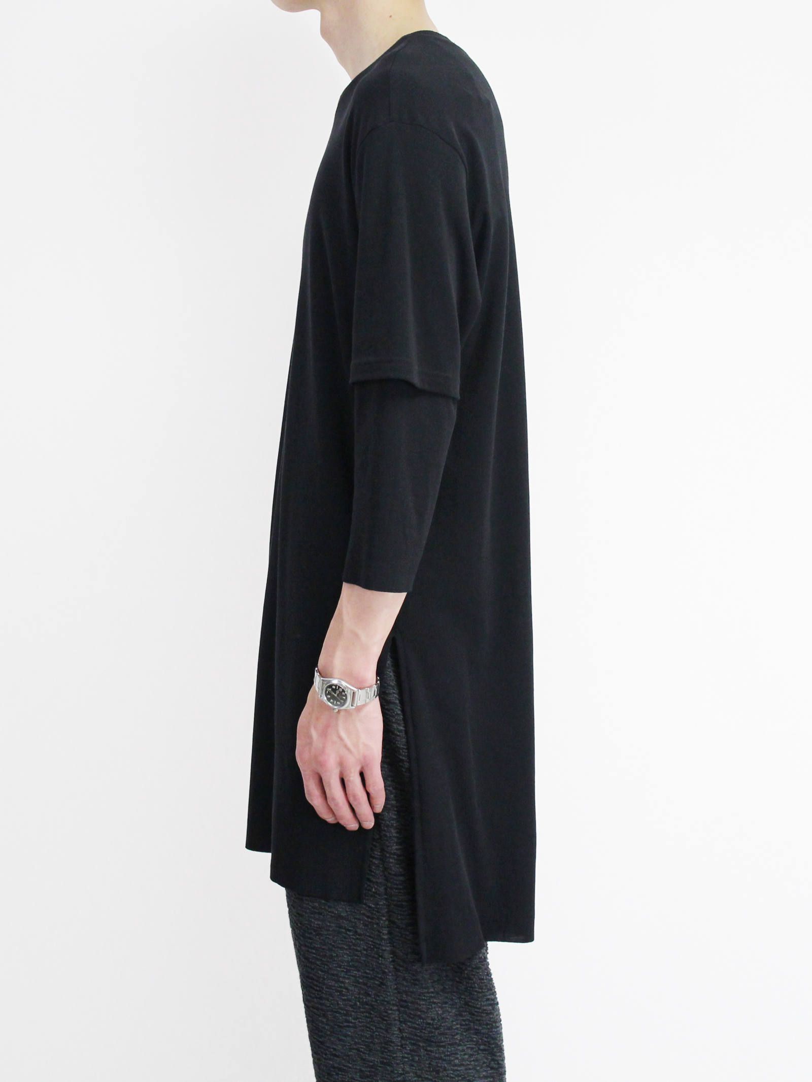 《残り一点》スムース レイヤード七分袖カットソー - BLACK