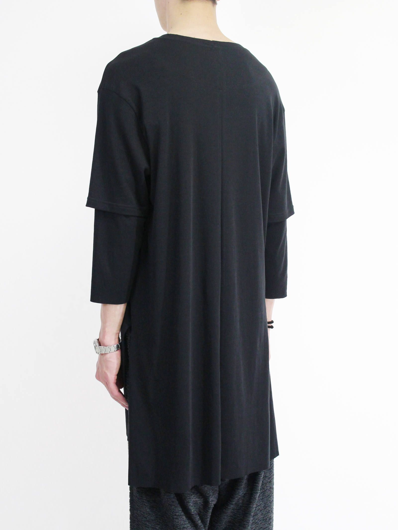 《残り一点》スムース レイヤード七分袖カットソー - BLACK