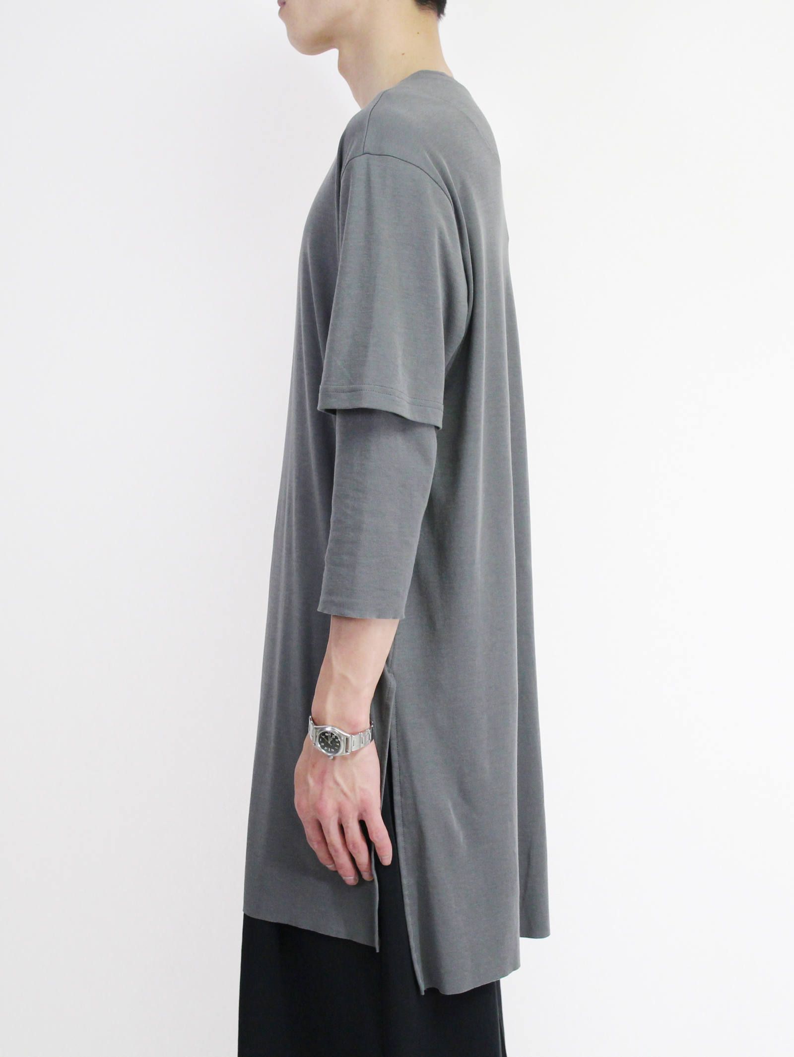 《残り一点》スムース レイヤード七分袖カットソー - GREY