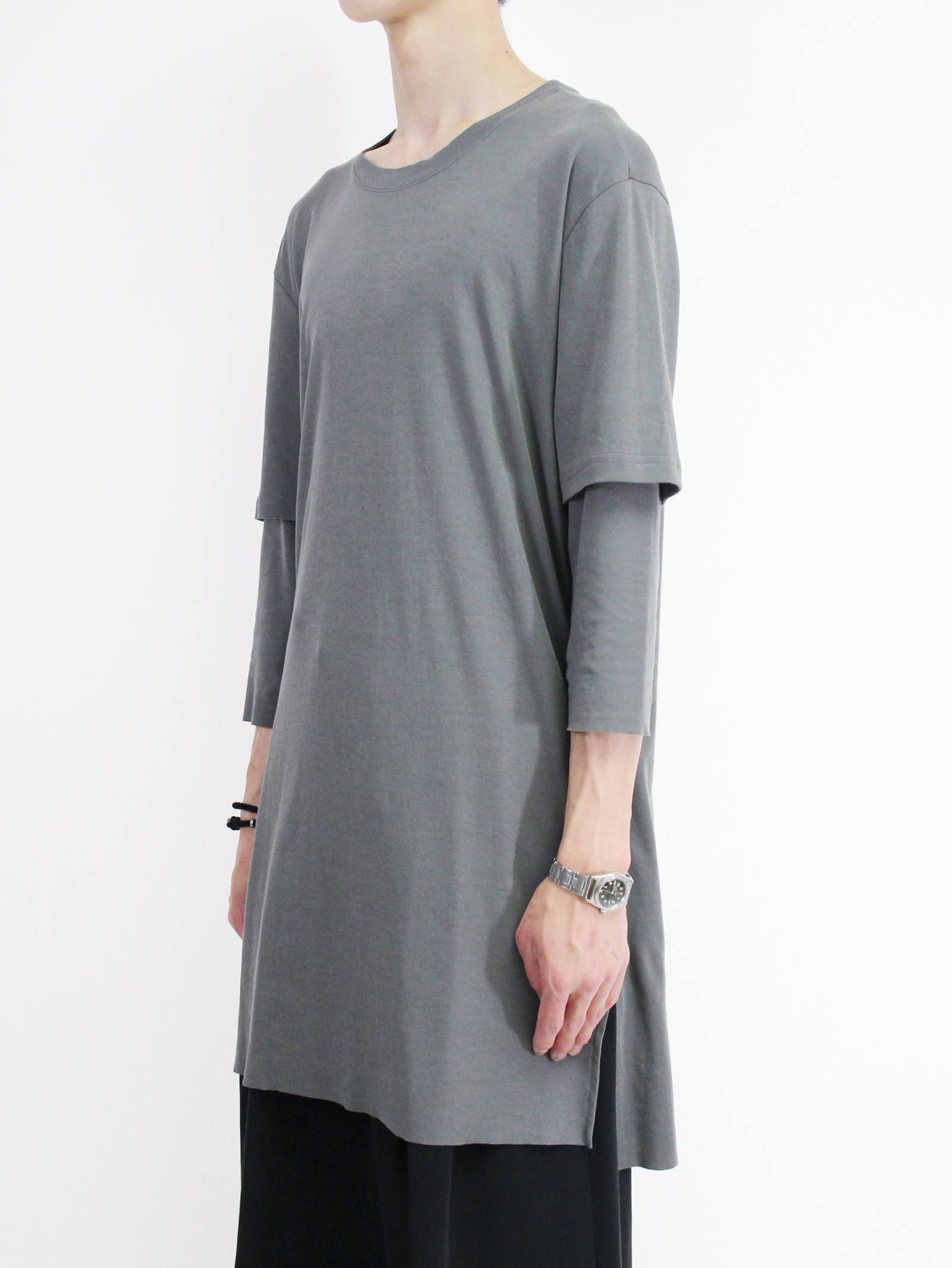 《残り一点》スムース レイヤード七分袖カットソー - GREY