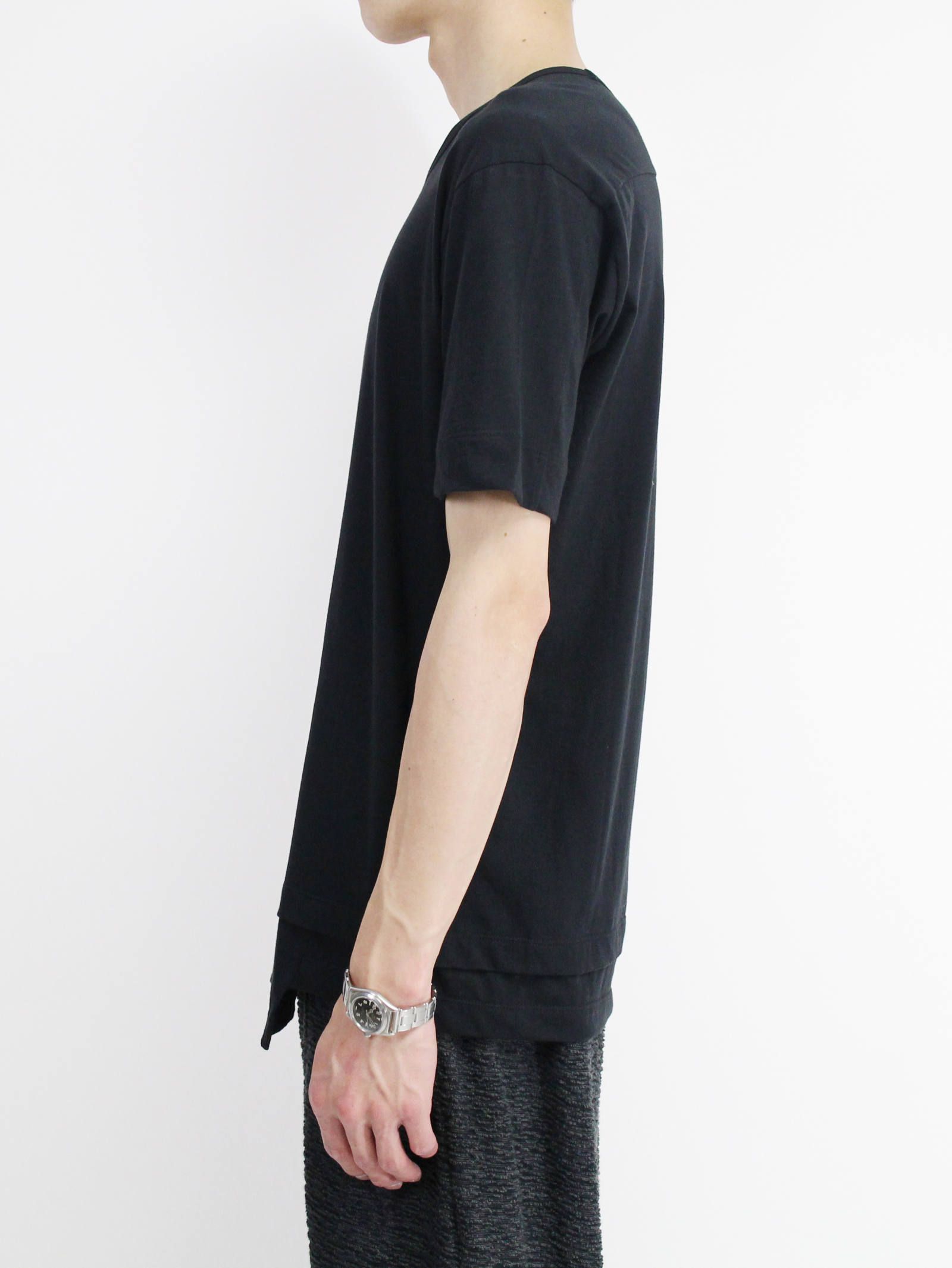 《残り一点》40/-天竺裾レイヤード風カットソー - BLACK