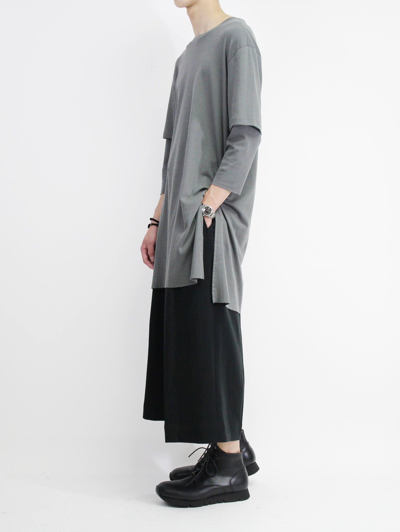 《残り一点》スムース レイヤード七分袖カットソー - GREY