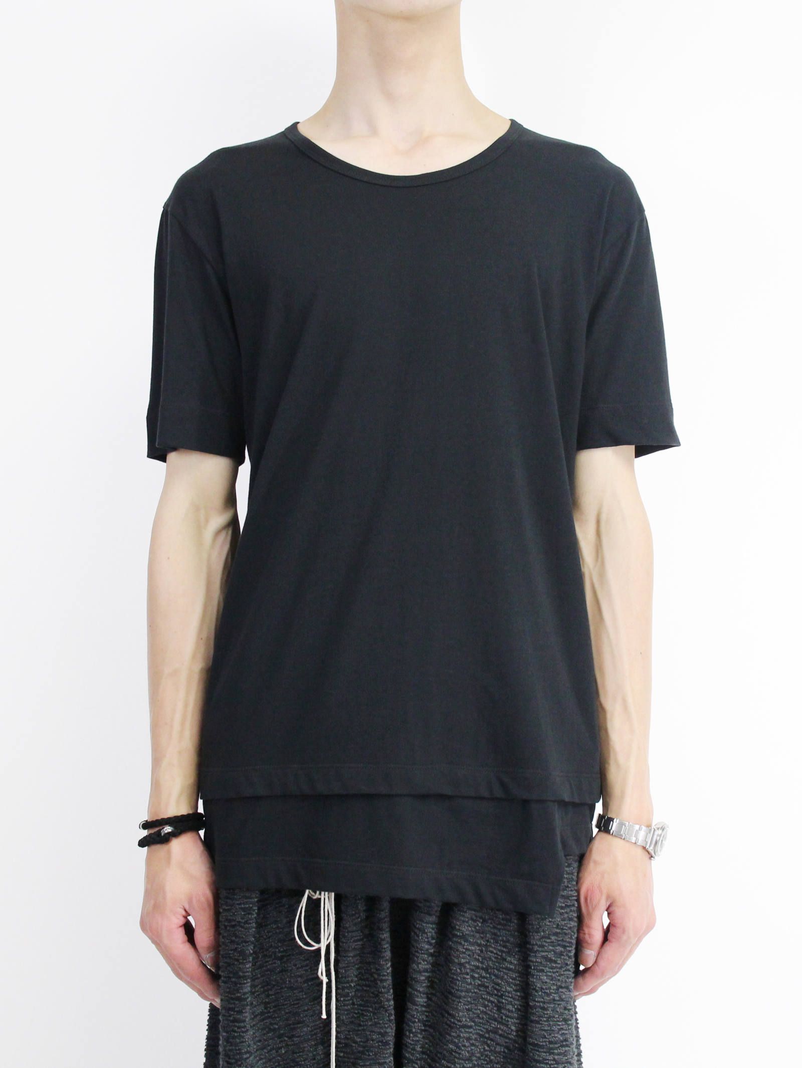 《残り一点》40/-天竺裾レイヤード風カットソー - BLACK
