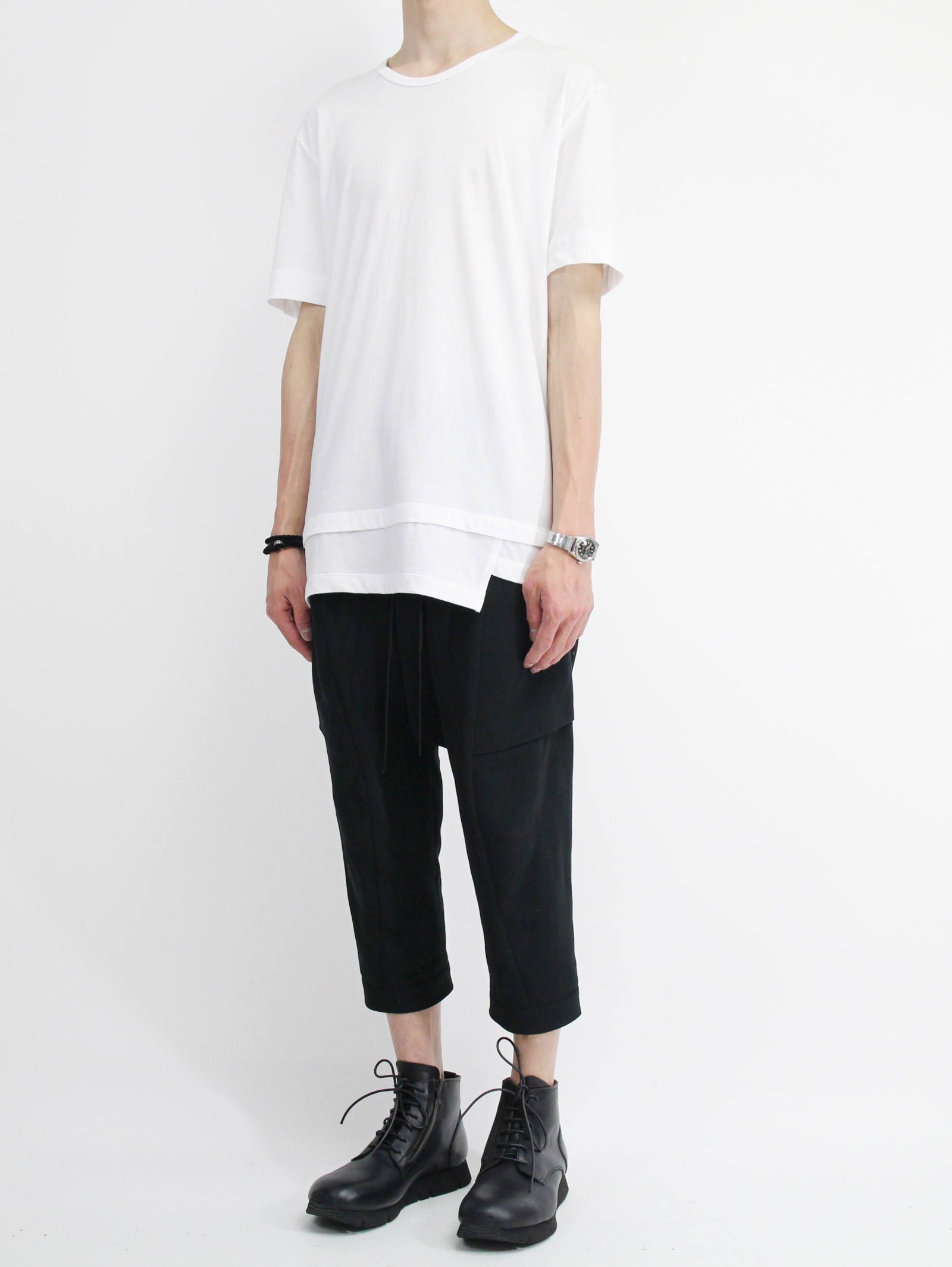《残り一点》40/-天竺裾レイヤード風カットソー - WHITE