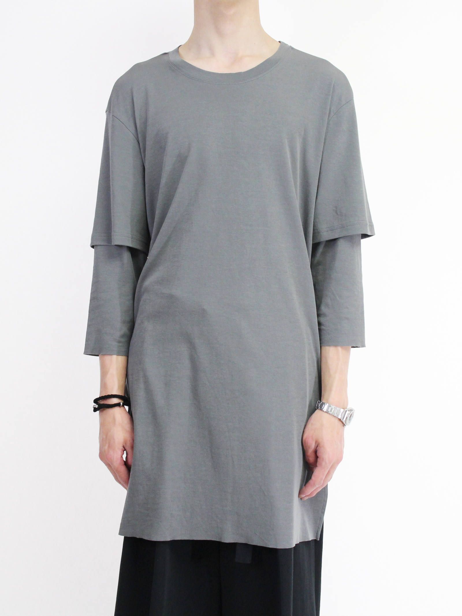 《残り一点》スムース レイヤード七分袖カットソー - GREY