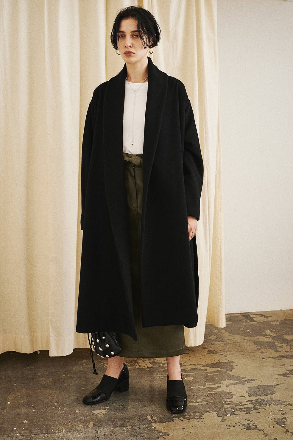 CLANE - ショールカラーフレアコート - SHAWL COLLAR FLARE COAT BLACK