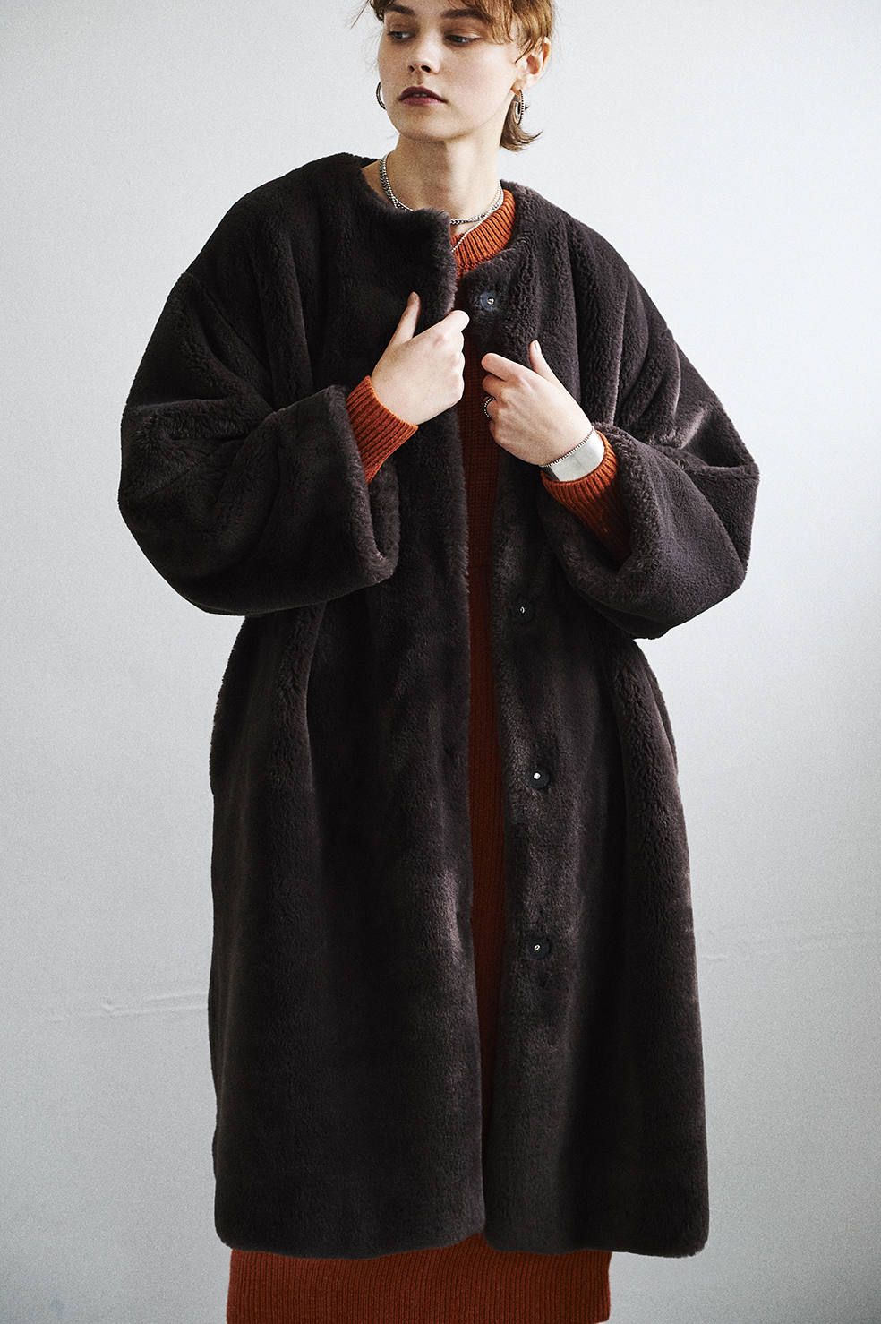 NO COLLAR LICO FUR COAT　BROWN