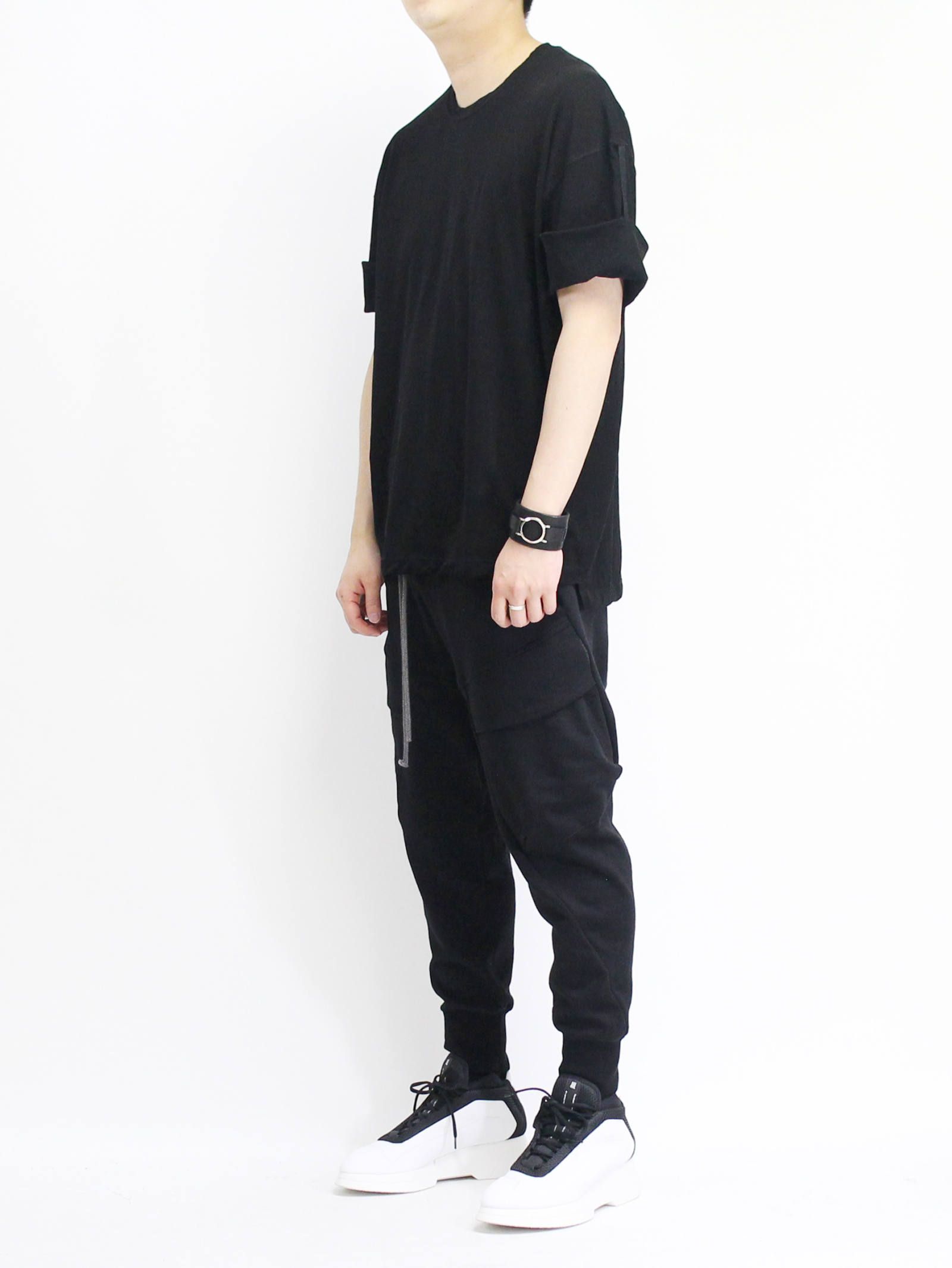 強撚天竺袖まくり上げTシャツ - BLACK