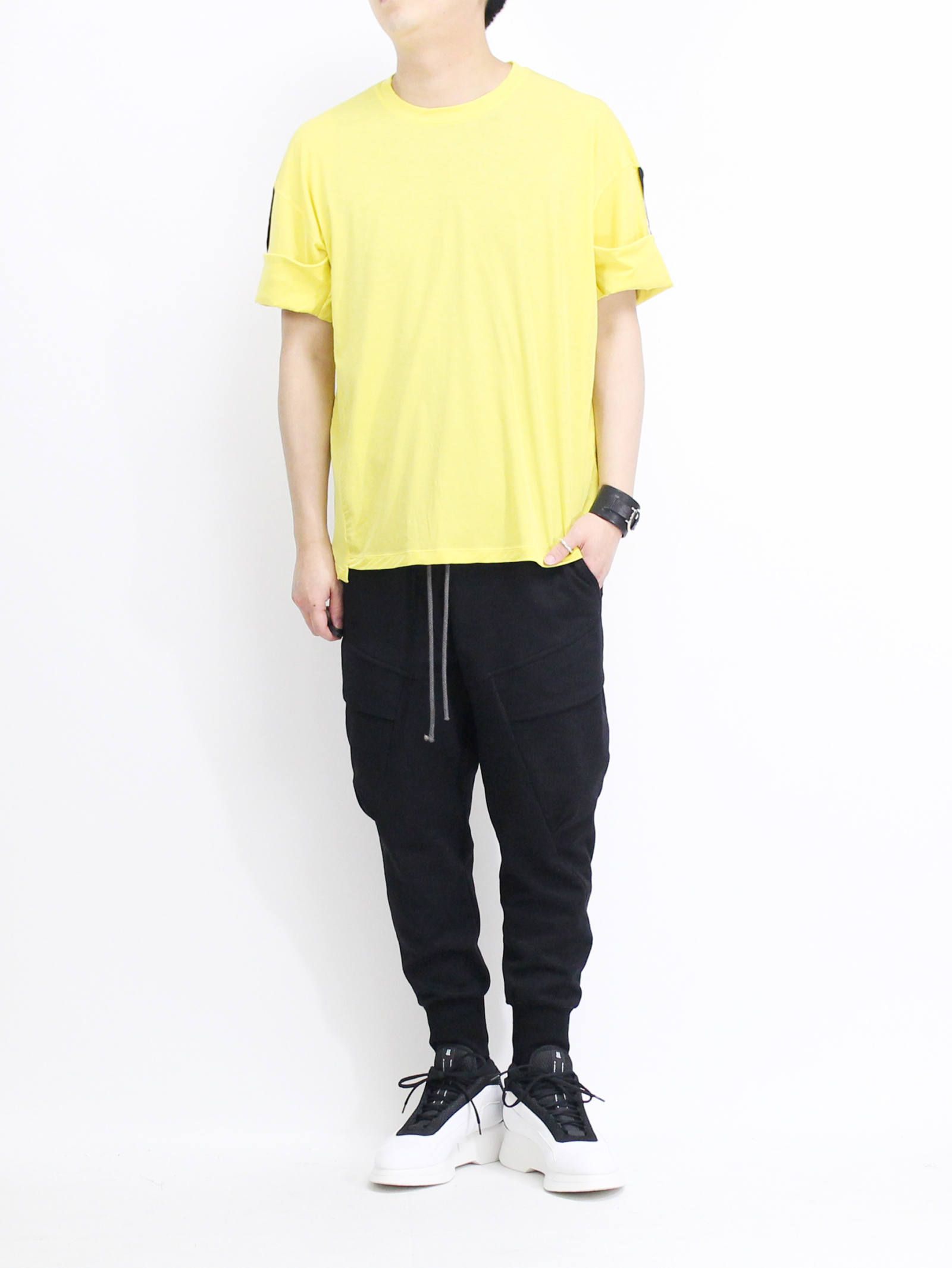 強撚天竺袖まくり上げTシャツ - YELLOW