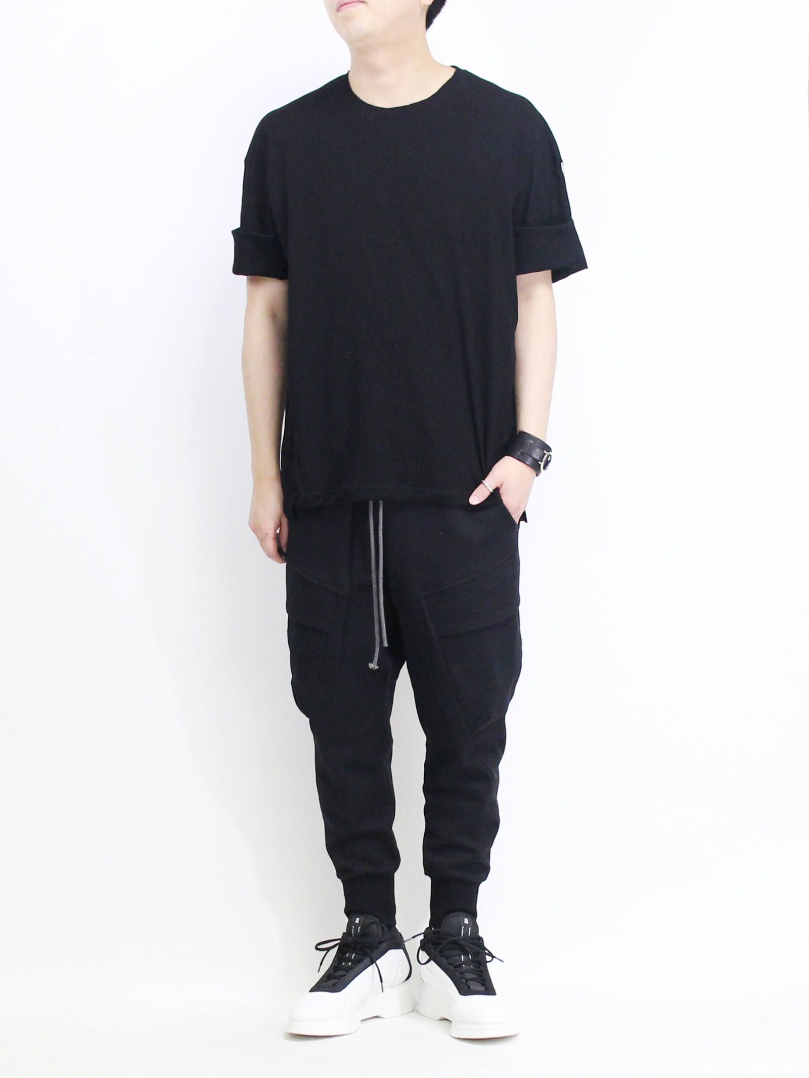 強撚天竺袖まくり上げTシャツ - BLACK
