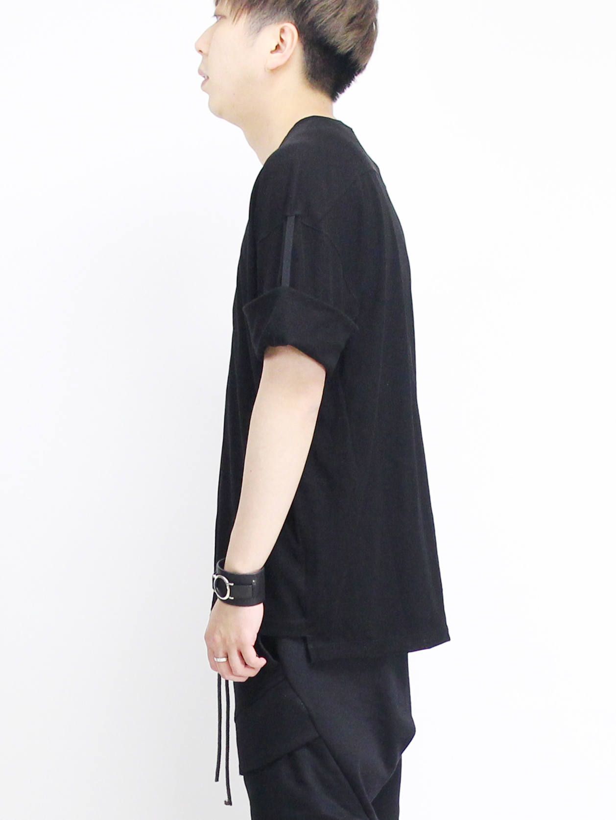 強撚天竺袖まくり上げTシャツ - BLACK