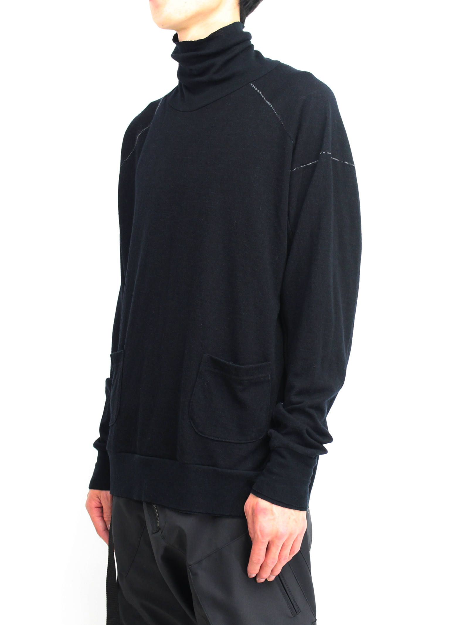 綿ウール天竺長袖タートルネックカットソー - BLACK