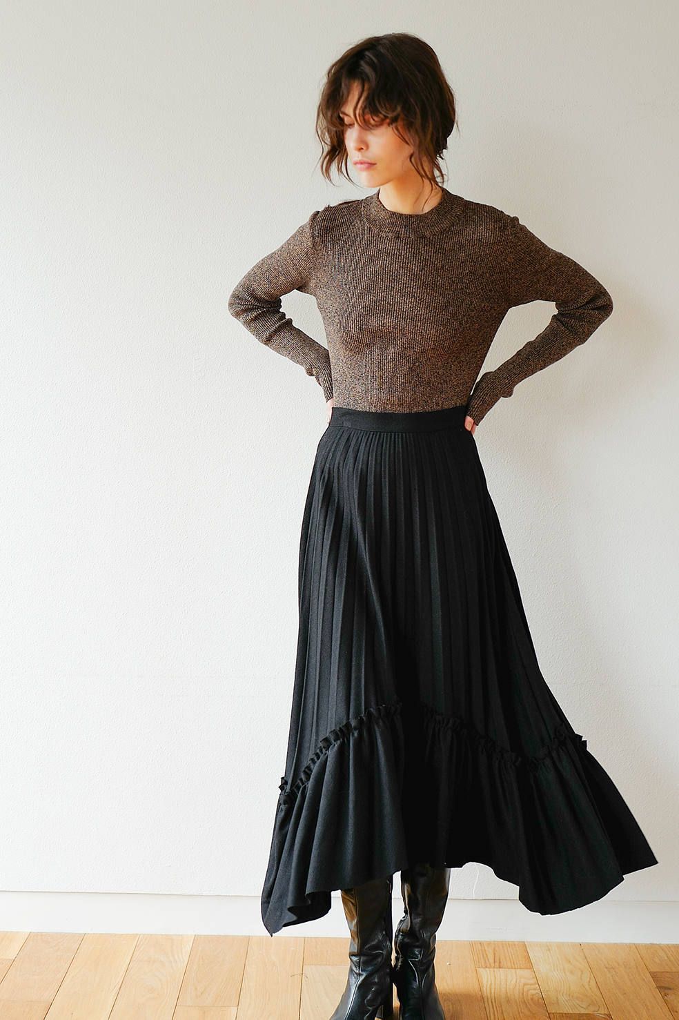 フリルプリーツボリュームスカート -  	 FRILL PLEAT VOLUME SKIRT - BLACK